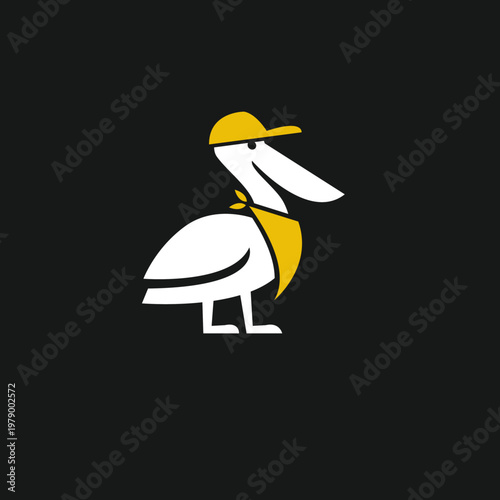 Stylized Pelican Bird Logo Mascot Wearing Yellow Cap and Bandana on Dark Background