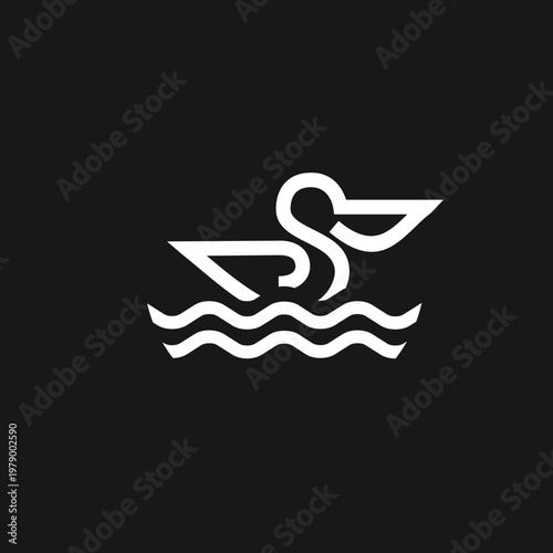 Minimalist Monoline Pelican Bird Logo Icon Swimming on Water