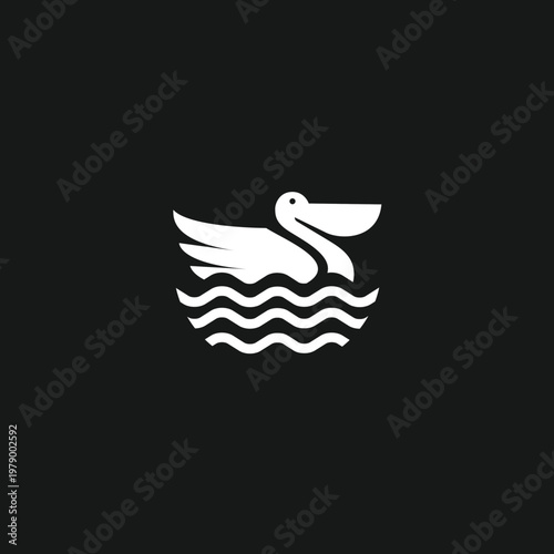 Minimalist White Pelican Bird Swimming on Water Logo Design Icon Vector Illustration