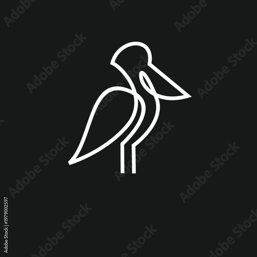 Minimalist White Line Art Pelican Icon on Black Background, Simple Modern Bird Logo Design