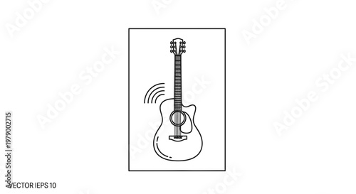 Acoustic guitar with sound waves, black and white line drawing, music concept
