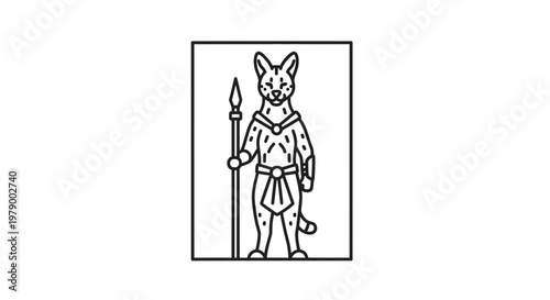 Ancient Egyptian Cat Warrior God Bastet Holding Spear, Stylized Line Art