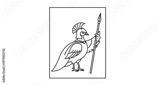 Ancient Greek Warrior Bird with Spear, Mythological Creature, Line Art