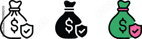 Minimalist vector icon set featuring money bags with dollar signs and security shields representing financial protection investment safety and secure banking concepts