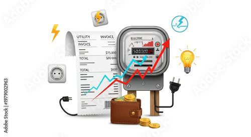 A rising electricity bill illustration depicts utility cost inflation with a red arrow pointing upwards from an electric meter, beside a detailed invoice and wallet with scattered coins