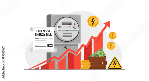 A flat vector illustration depicts a rising electricity bill beside a meter, with an upward-trending red arrow graph showing utility cost inflation, next to a wallet and golden coins