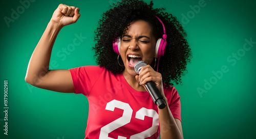 A woman wearing headphones singing into a microphone