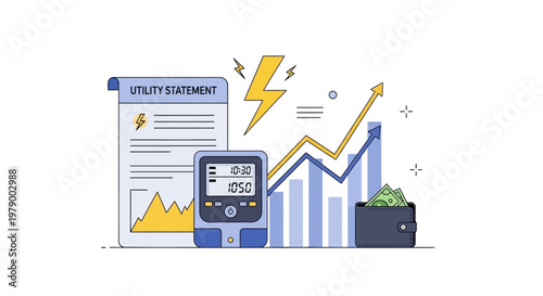 An illustration depicts a rising electricity bill as a utility cost inflation concept with stacked coins, a meter, and a utility statement against a clean white backdrop in a flat lay