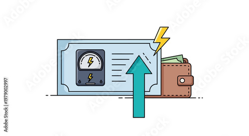 Minimalist vector illustration depicting a rising electricity bill with an upward-pointing teal arrow, a lightning bolt, and a wallet, set against a clean white background to convey