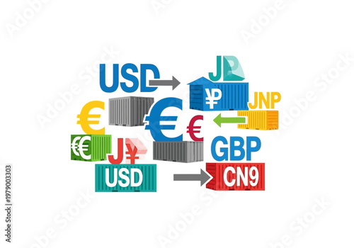 Global currency exchange and international trade represented by various currency symbols and shipping containers
