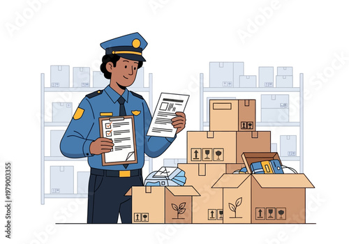 Customs officer reviewing shipping documents and parcels in a warehouse, international trade and logistics