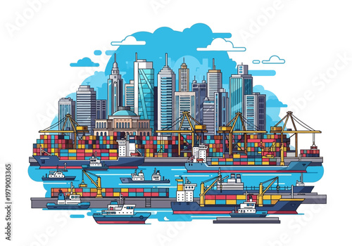 Vast Port City with Cranes and Container Ships, Illustrating Global Trade and Logistics
