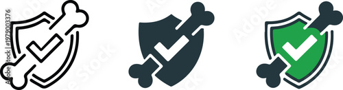 Minimalist vector icon set featuring human bones and security shields with checkmarks representing orthopedic health bone protection medical insurance and calcium supplement concepts