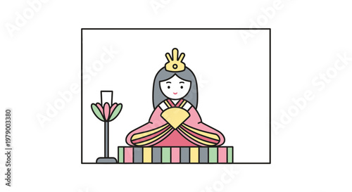 Japanese Hina Doll Princess Sitting On Colorful Platform With Candle Holder