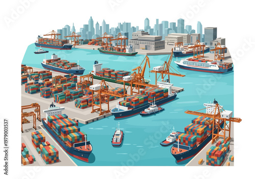 Vast shipping port filled with cargo ships and cranes, illustrating global trade and logistics