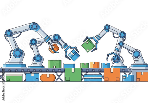 Automated Robotic Arms Assembling Boxes on a Conveyor Belt in a Modern Factory