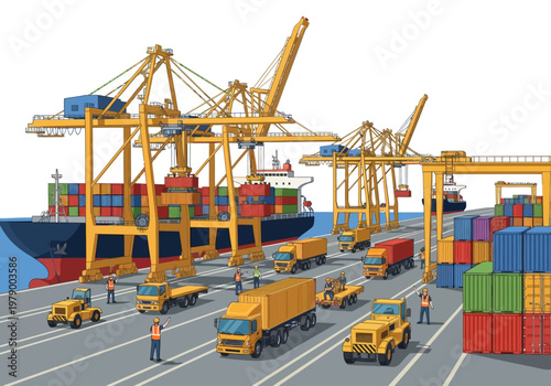Container Ship Dockside Operations With Cranes And Trucks at a Busy Port