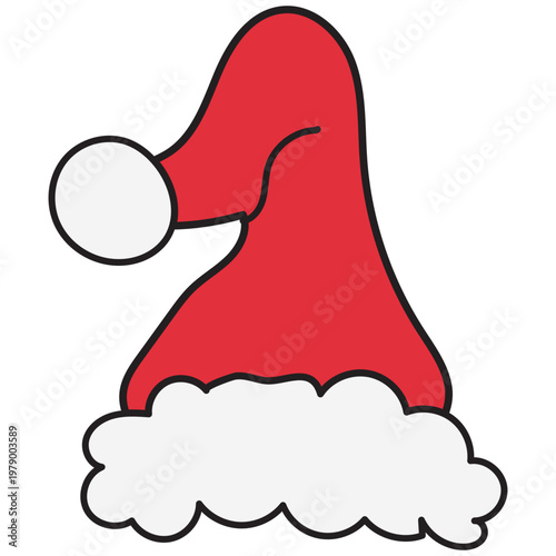 Cute Hand-drawn illustration of a Christmas Santa hat with a white pompom and fluffy trim, perfect for festive holiday designs on adobe stock