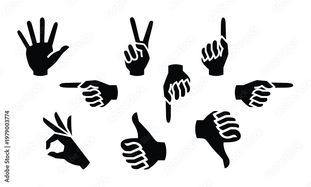 Obraz premium Silhouette Hand Gesture Sticker Icons Set Solid Black Vector
