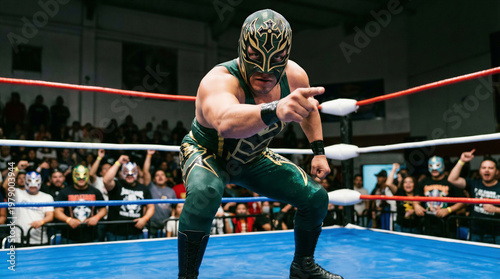 Lucha libre wrestler pointing in ring at crowd