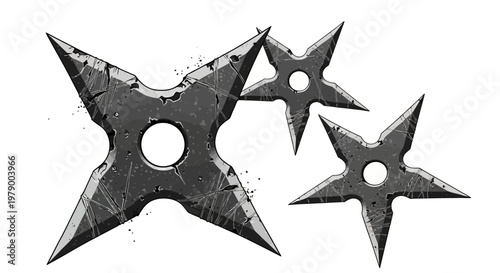 Three Shuriken ninja stars, black and white, grunge style, isolated on white background