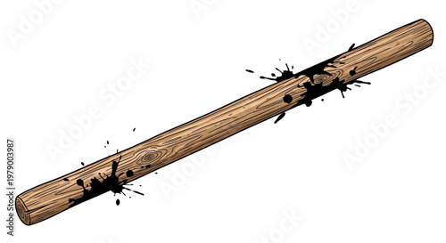 Wooden baseball bat with black ink splatters
