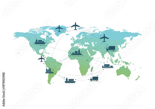 Global logistics vector illustration showing international trade routes and transportation modes