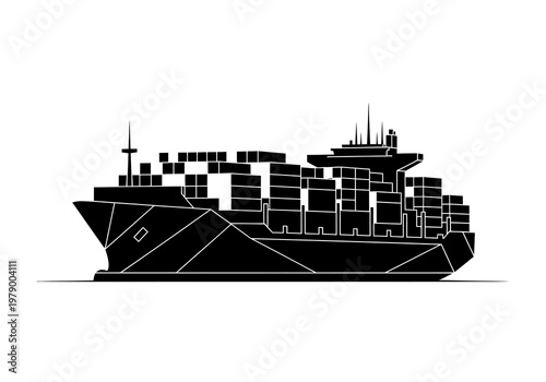 Modern Cargo Ship Silhouette carrying stacked containers, ready for international export and import operations
