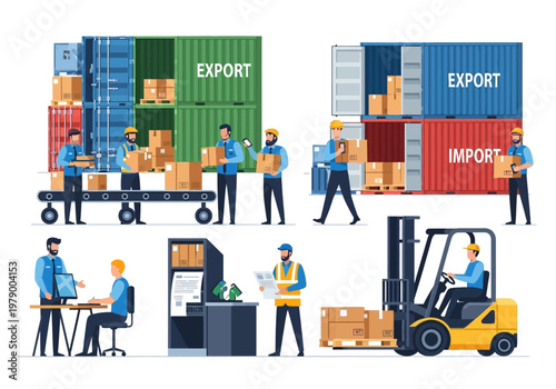 Logistics and supply chain operations with cargo containers, forklifts, and workers overseeing import and export