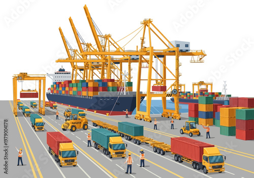 Container ship loading and unloading with heavy machinery at a busy port