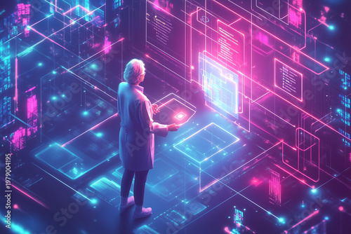 Senior scientist woman analyzing complex data in server room filled with illuminated screens and advanced technology.