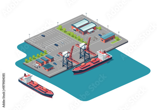 Industrial port with cargo ships and cranes, facilitating global trade and logistics