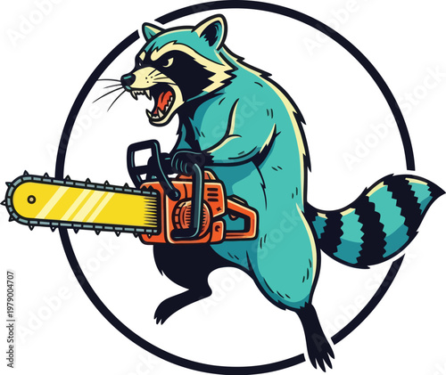 A cartoon raccoon holding a chainsaw aggressively.