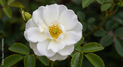 A close-up of a blooming white rose with a vibrant yellow center