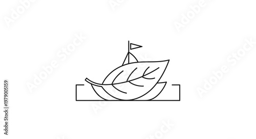 Eco-friendly leaf boat sailing on water, sustainable travel concept, minimalist line art