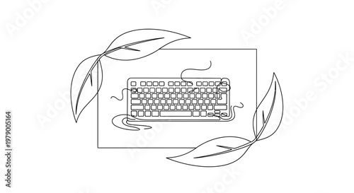 Eco-friendly keyboard with leaves, nature, technology, sustainability concept