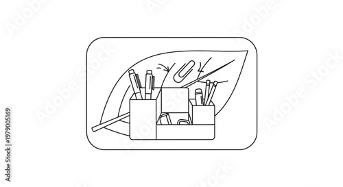 Eco-friendly office desk organizer with pens, paperclips, and a leaf motif