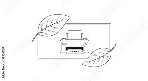 Eco-friendly printing concept: Printer with green leaves, symbolizing sustainability and technology