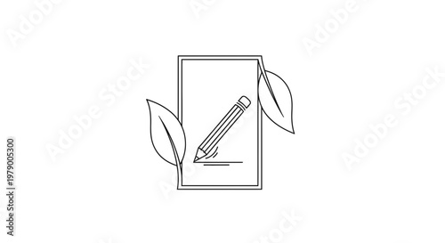 Eco-friendly writing concept: pencil drawing on paper with green leaves, symbolizing sustainability and nature