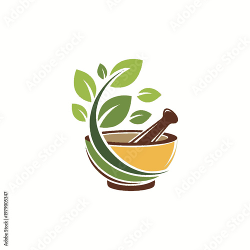Herbal Medicine Mortar and Pestle with Green Leaves.
