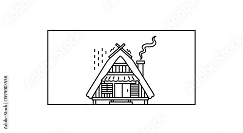 Cozy A-frame cabin with smoking chimney in a minimalist line art style