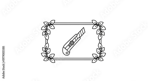 Craft Knife Cutter in Decorative Floral Frame, Precision Cutting Tool Icon
