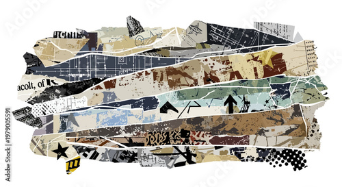 Abstract Collage of Torn Paper Strips with Text and Symbols