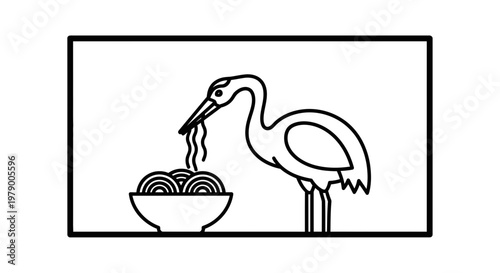 Crane Eating Noodles in Bowl, Minimalist Line Art Illustration