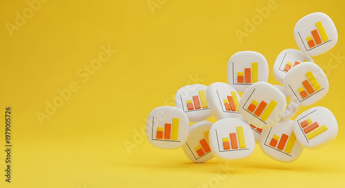 White cubes with rising bar graphs floating against a yellow background chart
