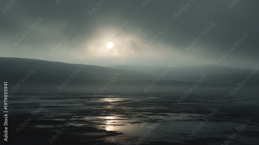 Obraz premium Ethereal sun obscured by volcanic ash haze over a desolate, misty landscape with water reflections.
