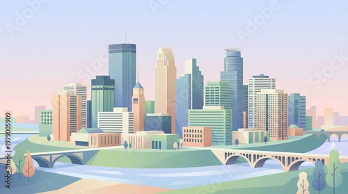 Minneapolis Cityscape Vector with Stone Arch Bridge Illustration