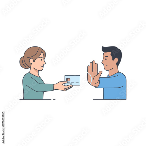 A woman offers a credit card to a man who is refusing the payment with his hand