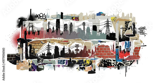 Urban decay collage, graffiti, industrial cityscape, distressed textures, abstract art