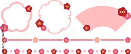 梅の花のフレームとラインの装飾セット（正月・早春・和風デザイン）　Plum Blossom Frame and Decorative Line Set / Japanese New Year & Early Spring Design
